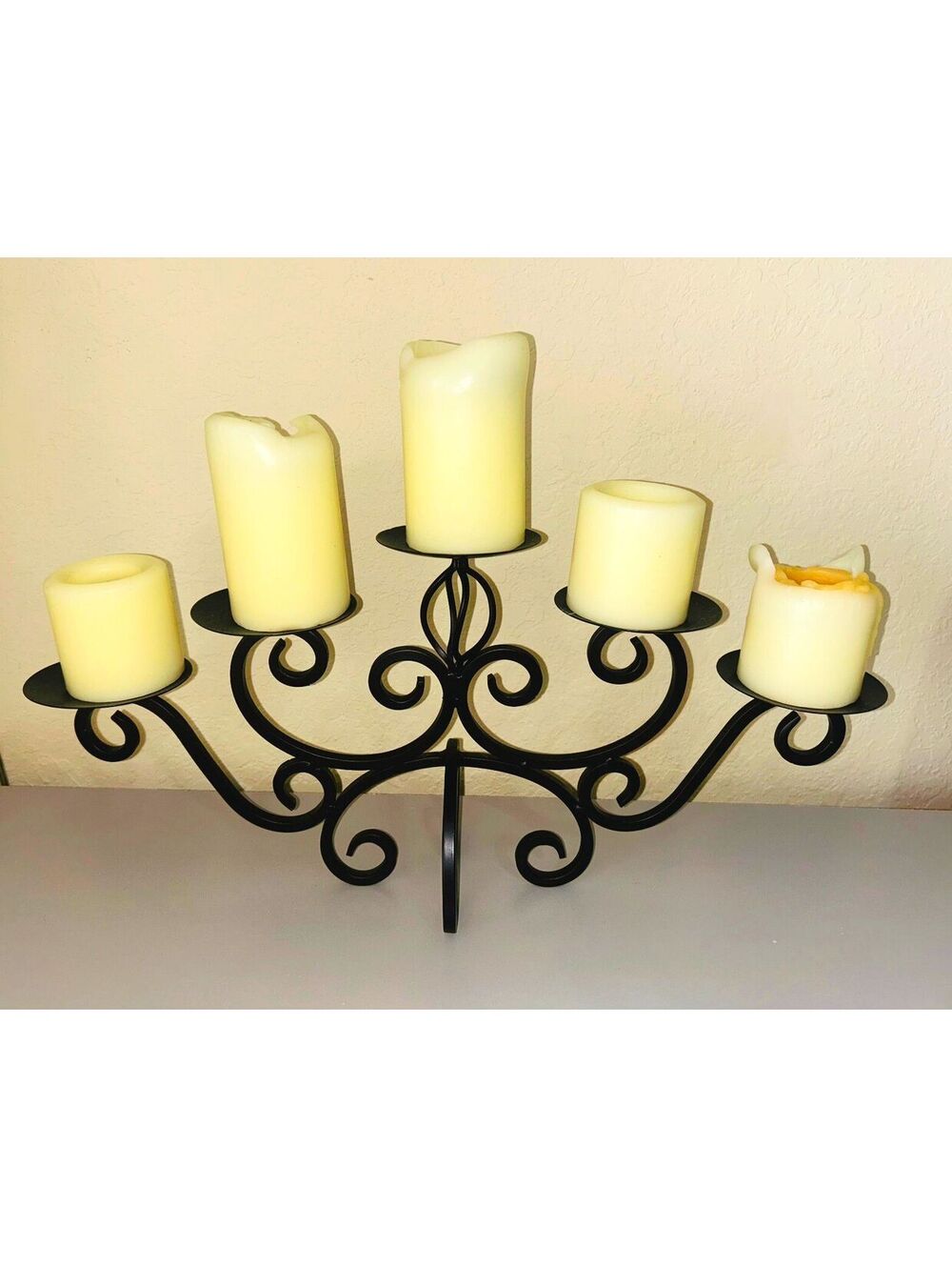 Black Wrought Iron Candelabra, 5 Arm Scroll Candle Holder